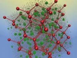 Simulation snapshot of a diamond crystal built of soft patchy diblock star polymers