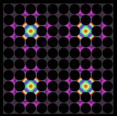 Thermal lattices, shown here, are one possible application of the newly developed thermocrystals. In these structures, where precisely spaced air gaps (dark circles) control the flow of heat, thermal energy can be "pinned" in place by defects introduced into the structure (colored areas).